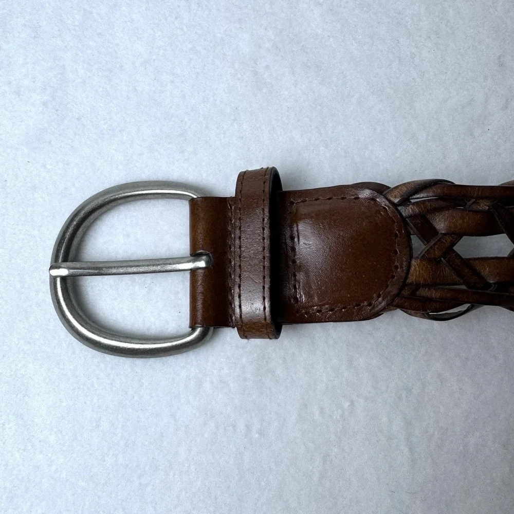Vintage Faded Glory Woven Leather Belt 2X Silver Tine Buckle Brown Bohemian Y2K